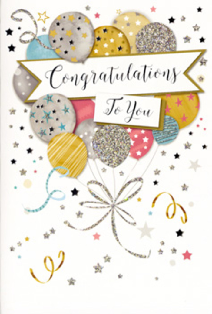 A beautifully designed congratulations card is depicted here, its artwork crafted with the same attention to detail a florist gives to an intricate arrangement. At the heart of the composition is a bouquet of festive balloons, their rounded shapes overlapping in an artful cluster. The colours are soft yet luminous: warm gold and muted silver, champagne beige, light sky blue, rosy pink, and touches of gentle grey, all blending into a sophisticated palette that feels at home in any London setting, from a modern apartment in Canary Wharf to a period terrace in Islington. Each balloon features its own subtle pattern-fine star motifs scattered across the surface, delicate glittered stripes, or a dusting of metallic speckles-creating visual texture without clutter. Slender ribbons cascade from the balloons in flowing lines of gold and silver, curling and looping as they fall, much like the ribbons that might trail from a hand-tied bouquet prepared for delivery by London Flowers. A gently curved banner stretches across the centre, carrying the message Congratulations To You in expressive, looping calligraphy that is both legible and stylish, giving the design an air of thoughtful elegance. Surrounding the main elements, tiny stars, dots of confetti, and swirling flourishes float against a pale, understated background, suggesting the joyful chaos of a party after the moment of applause. The card radiates a feeling of pride and celebration-perfect for pairing with fresh blooms to congratulate someone on a graduation near Holborn, a new role in the City, or a personal milestone reached in any corner of London. It's a design that quietly but confidently says, This achievement matters.