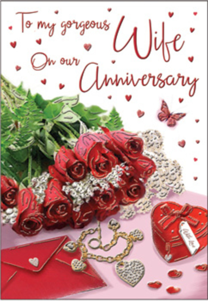 The anniversary card illustration presents a richly detailed still life that feels at home in any London borough, from Notting Hill to Borough Market. A cluster of classic red roses forms the focal point, lying gently beside a crisp envelope as though just set down by a partner returning from a local flower stall. The blooms are full and velvety, their petals curling inward in tight spirals of crimson that hint at both intensity and tenderness. Around them, fresh green foliage unfurls, offering contrast and shaping the composition with a florist's natural sense of balance. Nearby, a small heart-shaped box and a delicate piece of jewellery bring a sense of intimacy, their subtle sheen echoing the sparkle of city lights reflected in evening windows. Scattered heart motifs and a single butterfly add an airy note, suggesting the lightness and joy that accompany lasting love. The lighting is soft and diffused, bathing everything in a gentle radiance that allows the reds, greens, and warm metallic tones to harmonise without harsh shadows. You can almost imagine the faint rustle of wrapping paper, the cool feel of an envelope in hand, the distant hum of London traffic outside. The textures-silky petals, smooth card, polished metal-combine to create an image that feels tactile and real despite being printed. This design conjures up anniversaries celebrated across London: walks along the South Bank, dinners in Bloomsbury, or a quiet glass of wine at home, card and roses waiting on the table as a testament to a love that endures.