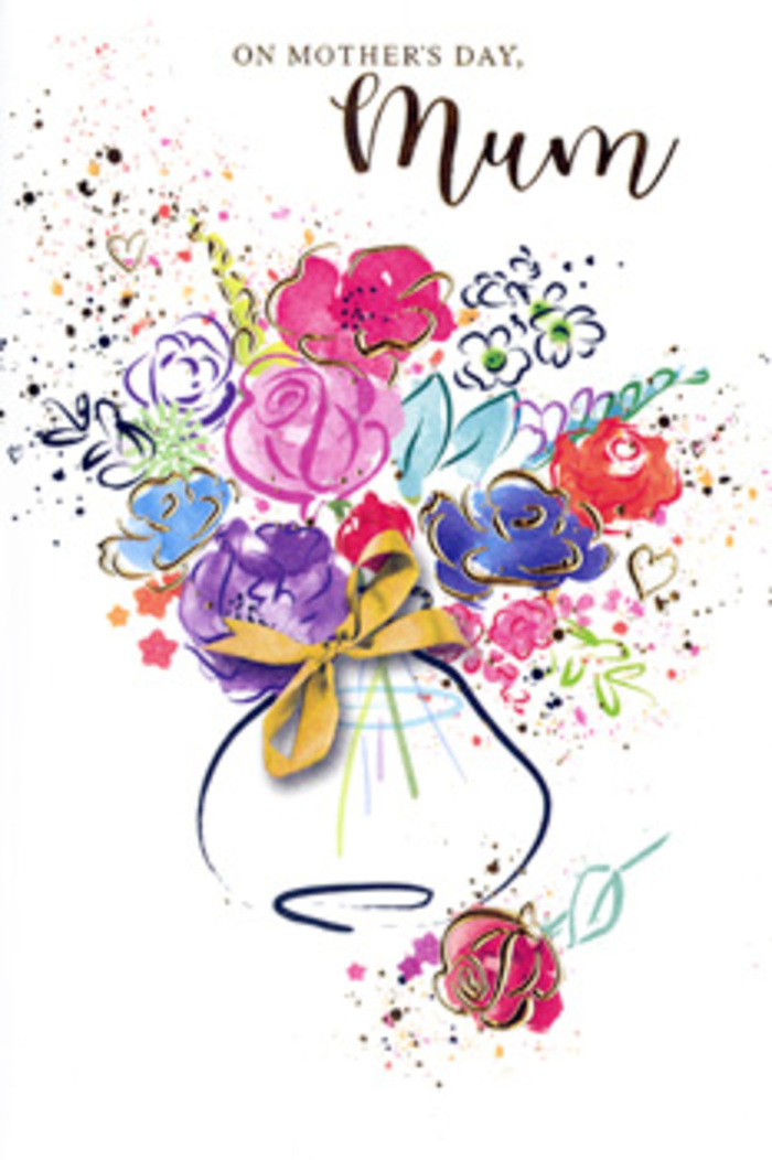This card's Mother's Day bouquet is rendered in a style that feels both spontaneous and considered, as if a London florist quickly sketched their dream arrangement after a day of creating real ones. At the centre, a cluster of hot pink, cerise, and crimson blooms dominates, their shapes rounded and generous, like open roses and full garden blossoms held at peak freshness. Indigo ink outlines dip in and out of focus around the petals, giving just enough structure to suggest each layer without pinning it down; the result is soft and fluid, like flowers captured in motion. Between the brighter tones, patches of apricot and warm coral peek through, while cooler accents of lavender and muted blue settle in the background, much like London's varied architecture rising gently behind a pocket garden. Slender strokes and tiny arcs of gold illuminate selected petals and foliage, suggesting a subtle metallic sheen that might catch the ambient light of a cosy living room in Islington or Clapham on a spring afternoon. The bouquet rises from a whimsical vase anchored at the bottom of the card, its silhouette rounded and slightly flared, finished with a neatly painted golden bow that hints at the care and ritual of tying ribbon around a hand-tied arrangement. Surrounding everything, delicate speckles of paint and small heart motifs drift across the untouched white background, echoing the feeling of tossed petals or the flutter of emotions when giving thanks to mum. The composition radiates gratitude, admiration, and gentle celebration, turning the card into a keepsake bouquet that flourishes on paper long after real flowers would fade.