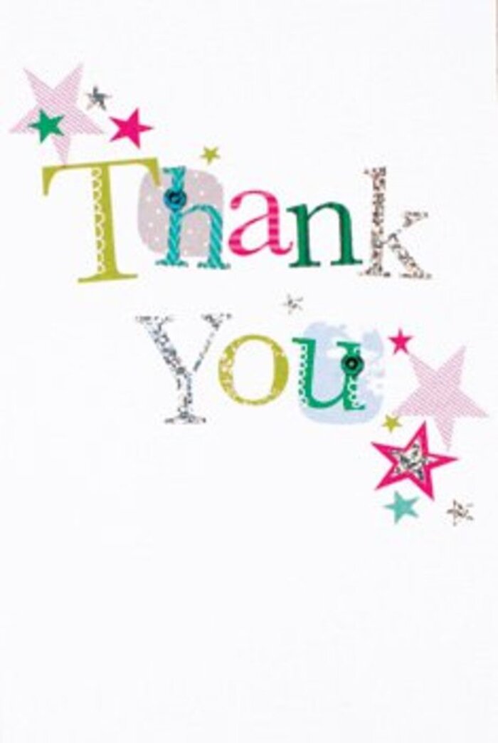 The refined arrangement of letters on this thank you card gives off a quietly lively essence-a design that wouldn't feel out of place in an elegant shop window on Regent Street. Each letter expresses its own mood, from cheerful curves with whimsical dots to more graceful, elongated forms edged with shimmering silver or subtle blue. Dotted around the wording are vibrant stars in sparkling pinks and rich turquoise, their energy lending the card a sprinkle of festive magic, reminiscent of London's illuminated bridges at dusk. The composition is open, airy, and unmistakably modern, set against a crisp white background that allows each detail to resonate. The overall tone is sophisticated yet friendly, suited as much for a heartfelt thank you following a city gathering as it is for commemorating a quiet gesture at home. This card could be perfectly set alongside a bespoke bouquet curated by London Flowers-offering a note of gratitude that's both uplifting and enduring, much like the city's enduring charm and endless ability to surprise.