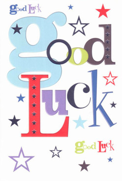 This exuberant good luck card, inspired by the creative heartbeat of London, radiates with a contemporary charm and sophistication. Its oversized, sky-blue 'g' sets off a cascade of lively, contrasting characters in robust reds and dreamy violets, echoing the diversity found strolling down Oxford Street or in Bloomsbury's artistic enclaves. Against a backdrop of untouched white, an array of playful stars sprinkles across the card, each in different tints of blue, indigo, lilac, and soft green-like city lights reflected on the Thames at dusk. The mix of fonts and energetic shifts in colour make the phrase leap to life, conjuring anticipation and confidence, the very feeling of facing a milestone in a city that never stands still. The card's smooth, premium paper carries a tactile pleasure akin to the experience of receiving a hand-tied bouquet from London Flowers. It's the sort of card pressed gently into a palm before a big presentation or an audition, holding the sincere encouragement and shared possibility that defines London's generous heart.