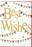This Best Wishes card, shown in the image, radiates a bright, uplifting mood that echoes the everyday celebrations happening across London. The base of the design is pure white, providing a light, open backdrop that highlights the card's festive details. At the centre, in confident, swirling script, the words Best Wishes are written in gleaming gold. The lettering appears slightly raised and dusted with glitter, giving it a luxurious texture that would lightly catch on your fingertips and shimmer under soft room lighting. Above and below this golden message, strands of bunting sweep in gentle curves, like decorations strung across a London mews for a summer party. Each small triangular flag is painted in strong, cheerful colours-bright reds, deep blues, sunny yellows, fresh greens, and cool teal-with some flags featuring simple patterns of stripes, dots, or mosaic-like shapes. These variations introduce a handcrafted, personal touch that feels warm and thoughtful. Surrounding the central script, tiny stars and round confetti dots are sprinkled sparingly over the white background, evoking the moment confetti falls through the air after a toast or a big announcement. The overall composition remains airy and refined, never overcrowded, so the eye moves easily between the gold lettering, colourful bunting, and playful accents. This is the kind of card you might choose to accompany a bouquet delivered by London Flowers to a new office near the City, a graduation celebration in Camden, or a housewarming in Clapham. Its mood is undeniably positive and encouraging, sending a clear visual message of joy, support, and hopeful new beginnings.